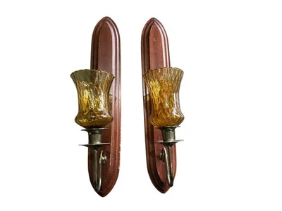 Пара винтажных настенных бра из янтарного стекла для домашних интерьеров деревянные металлические подсвечники - Изображение 1 из 4