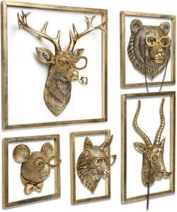 Animal Heads Wall Decor with Metal Frame 5 Piece Gold Resin Wall Sculptures - Picture 1 of 8