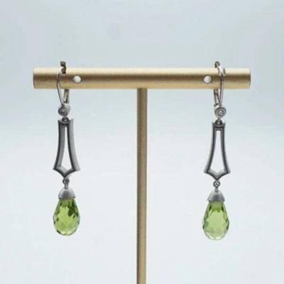 14k White Gold 0.08 CTW Diamond & Faceted Peridot Drop Modernist Earrings - Image 1 of 4