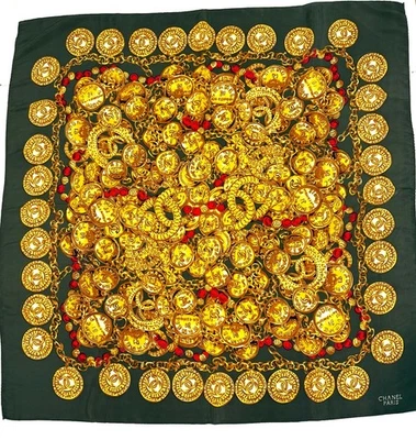 Auténtica Bufanda CHANEL Patrón Joya Roja Verde Oscuro/Dorado/Rojo CHANEL | Damas Foto 1 de 4