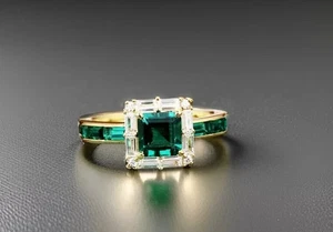 2Ct Asscher Lab Created Emerald Women's Engagement Ring 14K Yellow Gold Plated - Picture 1 of 10