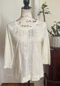 NWOT Ezra Women's Cream 100% Cotton Lace 3/4 Sleeves Blouse Size M - Picture 1 of 14