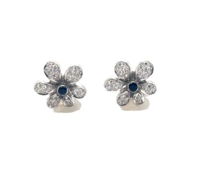 Floral White Gold 18k Diamond 1.00ct Sapphire 20ct Earrings - Image 1 of 4