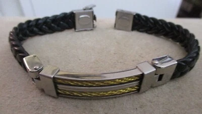 Pulsera Hombre Cable Negro Cuero Trenzado Negro Acero Inoxidable Tono Dorado Foto 1 de 4