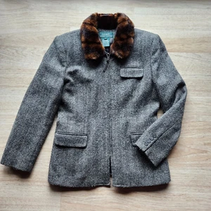 Vintage Lauren Ralph Lauren Silk Wool Faux Fur Collar Tweed Jacket Zip Grey Sz.8 - Picture 1 of 11