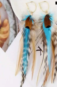 Natural Feather Earrings Bohemian Boho Native Style Blue Brown Southwestern NEW - Picture 1 of 8