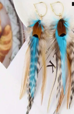 Natural Feather Earrings Bohemian Boho Native Style Blue Brown Southwestern New - Image 1 of 4