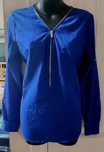 Calvin Klein Women's Shirt Sz S Chiffon Roll Tab Sleeves Zipper Royal Blue  - Picture 1 of 5