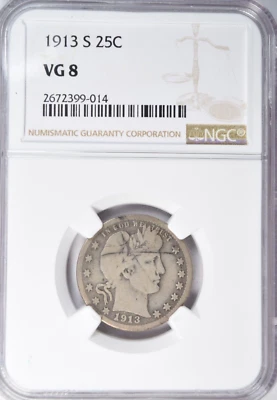 1913-S BARBER QUARTER ~ NGC VG 8 ~ PRICED RIGHT! - Image 1 of 2