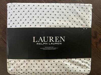 Juego completo de sábanas Ralph Lauren pequeño gris lunares en algodón blanco 4 piezas nuevo Foto 1 de 2