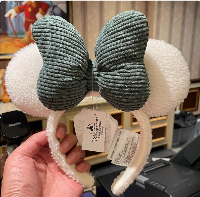 Authentic Disney Minnie Mouse white ear Headband green bow Shanghai disneyland