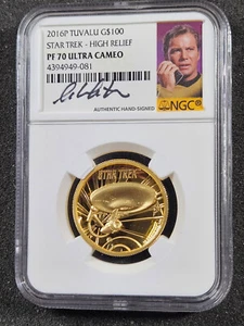 ๐ 2016 Tuvalu $100 1 Oz Proof Gold Star Trek High Relief NGC PF70 Shatner AUTO - Picture 1 of 5