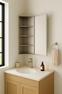 Stainless Steel Mirror Bathroom 900mm Corner Cabinet Bevelled Edge Reversible - Picture 1 of 5
