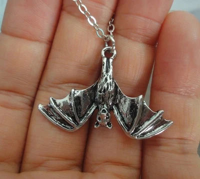 Retro Plated Silver Adjustable Chain Open Wings Bat Charm Necklace Pendant - Image 1 of 4