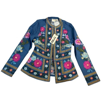 NWT Savanna Jane Boho Embroidered Feather Floral Denim Jacket Womens Size Small - Image 1 of 4
