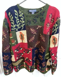 Vtg 90s XL Autumn Fall Northern Isles Leaves Acorns Fall Hand Knit Sweater - Picture 1 of 4