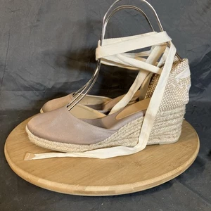 Castaner Espadrilles Wedge Heel Women 9/40 Beige Canvas Ankle Strap Sandals - Picture 1 of 12