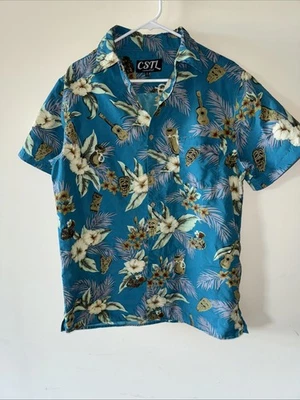 Camisa Hawaiana Costera CSTL Islas Tiki Palmeras Hibisco Azul Mediana Foto 1 de 4