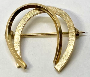 Vintage Signed VD 12K GF Gold Tone Double Lucky Horse Shoe Brooch Horseshoe Pin - Picture 1 of 4