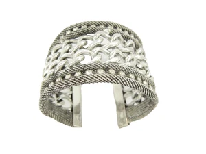 Chunky Punk Twice Chains Design Clear Crystal Silver Plated Cuff Bracelets - Picture 1 of 2