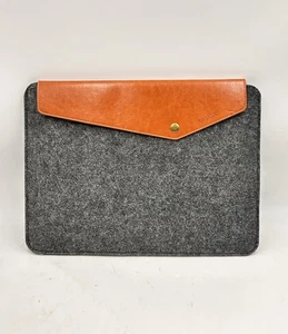 MERINO WOOL & COGNAC LEATHER FOLIO LAPTOP SLEEVE BRASS BUTTON CLOSURE by KAMOR - Picture 1 of 17