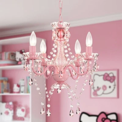 ASHOP LIGHT Pink Crystal Chandelier, Small 4-Light Acrylic Ceiling Lights for Girls Bedroom