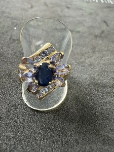 9ct Yellow Gold Sapphire Aquamarine & Tanzanite Ring Size O (GK511) QVC - Picture 1 of 10
