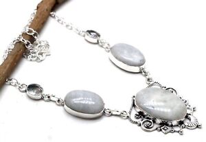 925 Sterling Silver Moonstone &Topaz Gemstone Handmade Jewelry Necklace S-17-18"