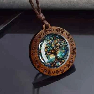 Boho Tree Of Life Wooden Pendant Necklace Men's Women's Jewellery - Picture 1 of 5