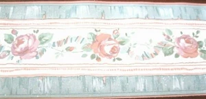 Wallpaper Border Pink Roses Light Green 5" Ribbon AR206-55B Country Cottage NIP - Picture 1 of 2
