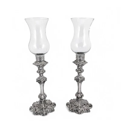 Antiguo plato Sheffield años 1790 candelabros altos con cortinas de cristal huracán Foto 1 de 4