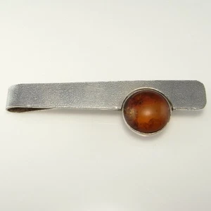 Modernist natural Baltic Amber Cabochon Tie Bar Clasp Clip Sterling Silver Mens - Picture 1 of 6