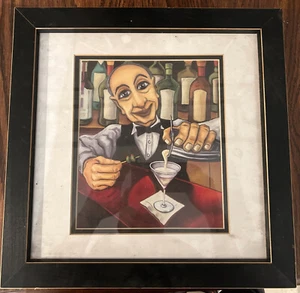 VINTAGE  HAPPY FUNNY BARTENDER FRAMED PRINT   14" X 14" - Picture 1 of 1
