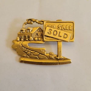 Vintage Goldtone Realtor Pin Signed by Creator Sold House For Sale Brooch 90's - Picture 1 of 6