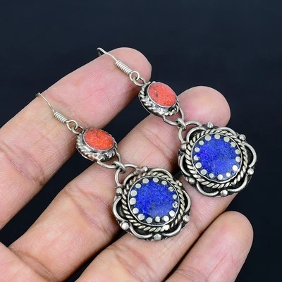 Orecchino nepalese tibetano argento sterling 925 etnico corallo rosso... - Immagine 1 di 4