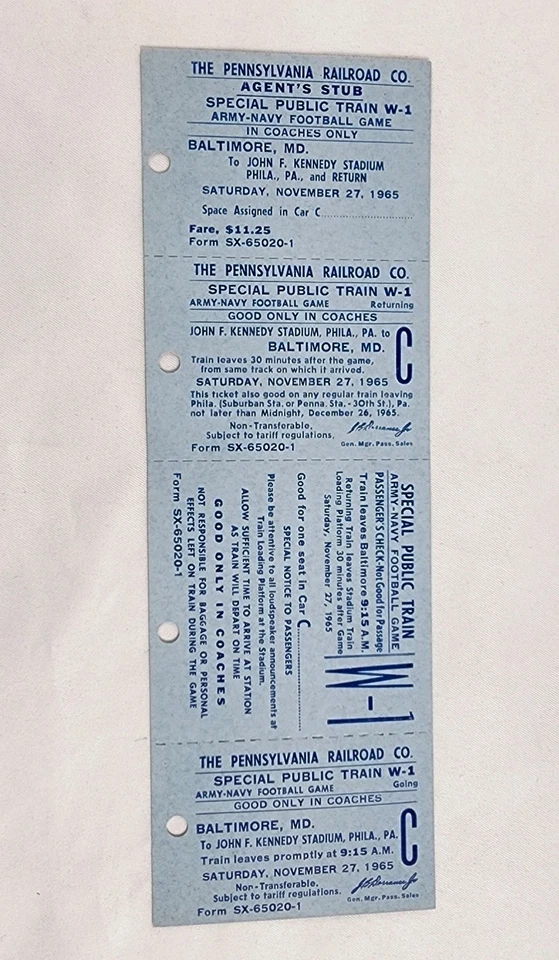 1965 PA Railroad Train Ticket Army Navy Football Game Baltimore To Philadelphia - Image 1 of 1