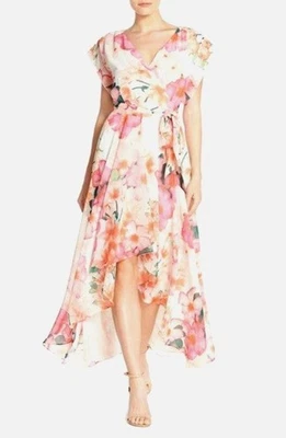 Maxi Vestido Eliza J Elegante Estampado Floral Chifón Alto-Bajo con Corbata Talla 4 Boda Foto 1 de 4