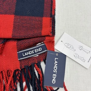 Lands' End Buffalo Check Fringed Scarf Red/Navy  NWT 15” X 62” + Fringe - Picture 1 of 5