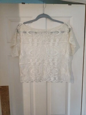 Women's Laced Sheer Cropped T-shirt Blouse Beige Size 12 - Image 1 of 4