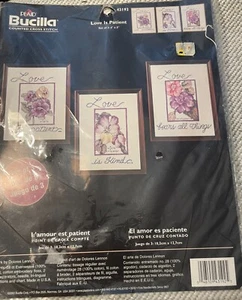 Plaid Bucilla Counted CrossStitch #42192 Love is Patient Set of 3 4" x 5" - Picture 1 of 5