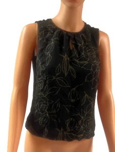 Kate Hill 100% Silk Black w Gold Floral Pattern Sleeveless Blouse SIze 8P - Picture 1 of 6