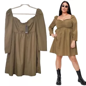 NWT Nasty Gal New With Tags Olive Green Fitted Mini Puff Sleeve Sz Us 12 - Picture 1 of 10