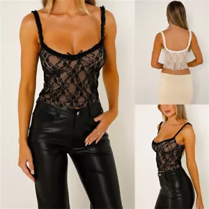 Women's Lace Cami Tank Top Sexy Mesh See Through Spaghetti Strap Crop Camisole - Picture 1 of 17