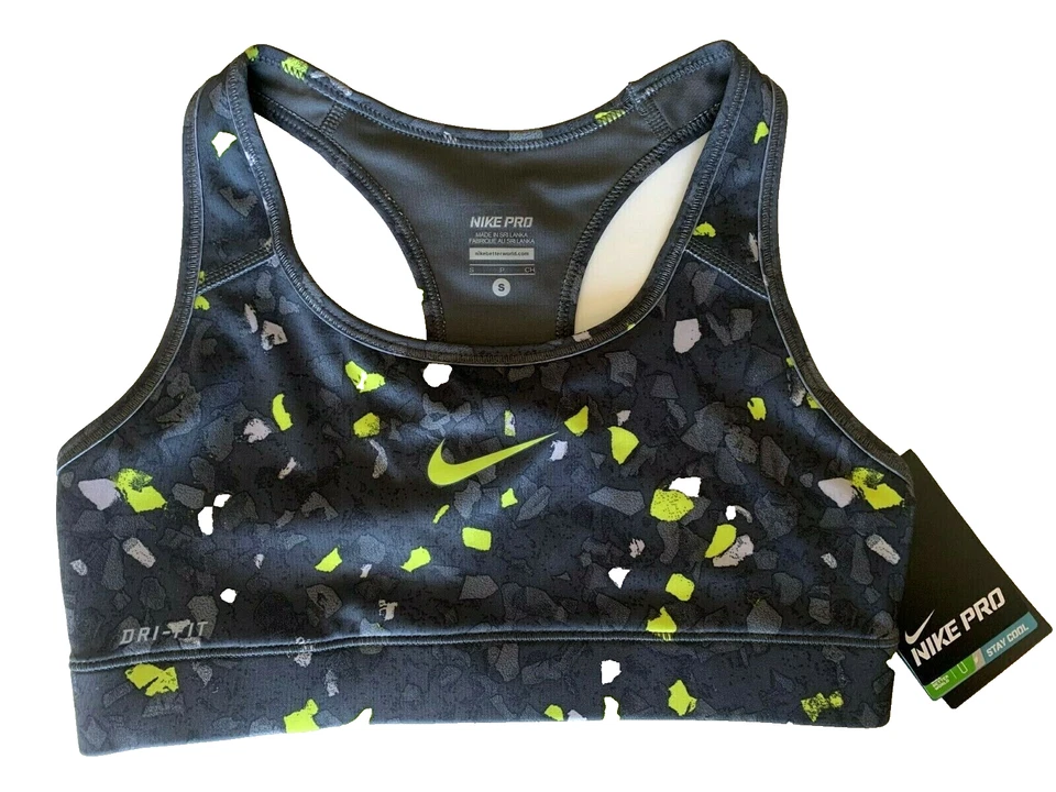 NEW NIKE PRO [S] Women DRI-FIT Sports Yoga/Gym Bra-Grey/Volt/Printed 575869-022 - Image 1 of 1