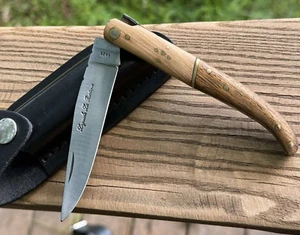 Vintage Laquiole Pocket Knife Blade Wood Handle Sheath Leather Men's Rare Old - Picture 1 of 24