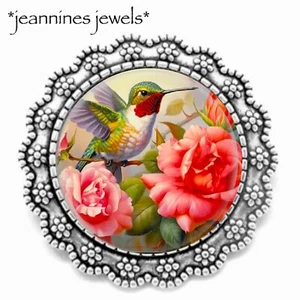 Ruby Throated Hummingbird BROOCH Pin Vintage Victorian Botanical Bird Painting - Picture 1 of 12