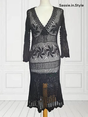 M  MONSOON BLACK CROCHET Dress Kaftan Stretch cover up Boho Summer Approx Uk 12 - Image 1 of 4