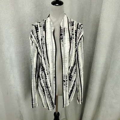 Cárdigan Chicos Mujer Grande Negro Blanco Rayas Transparente Ligero Frente Abierto 2 Foto 1 de 4