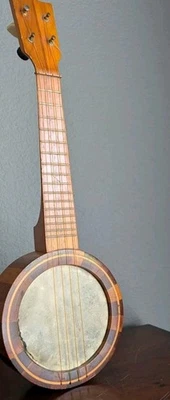 Vtg banjo ukulele banjolele 4 string laminated wood rim hide head bakelite Pegs - Image 1 of 4