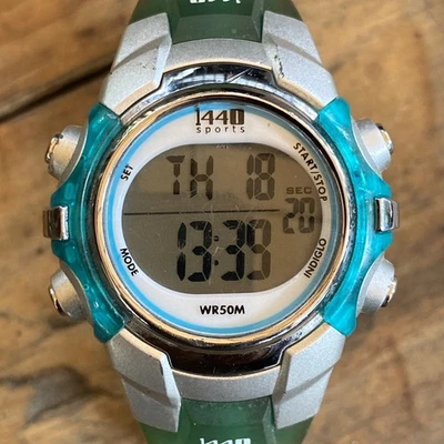Timex 1440 Sport Digital Watch Unisex Silver Tone 50M Black Green Tone - Image 1 of 4